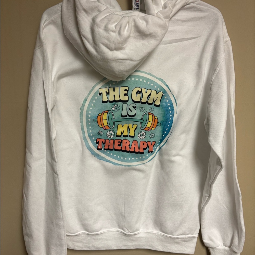 The Gym Is My Therapy White Hoodie with Motivational Sweatshirt Size S-XL